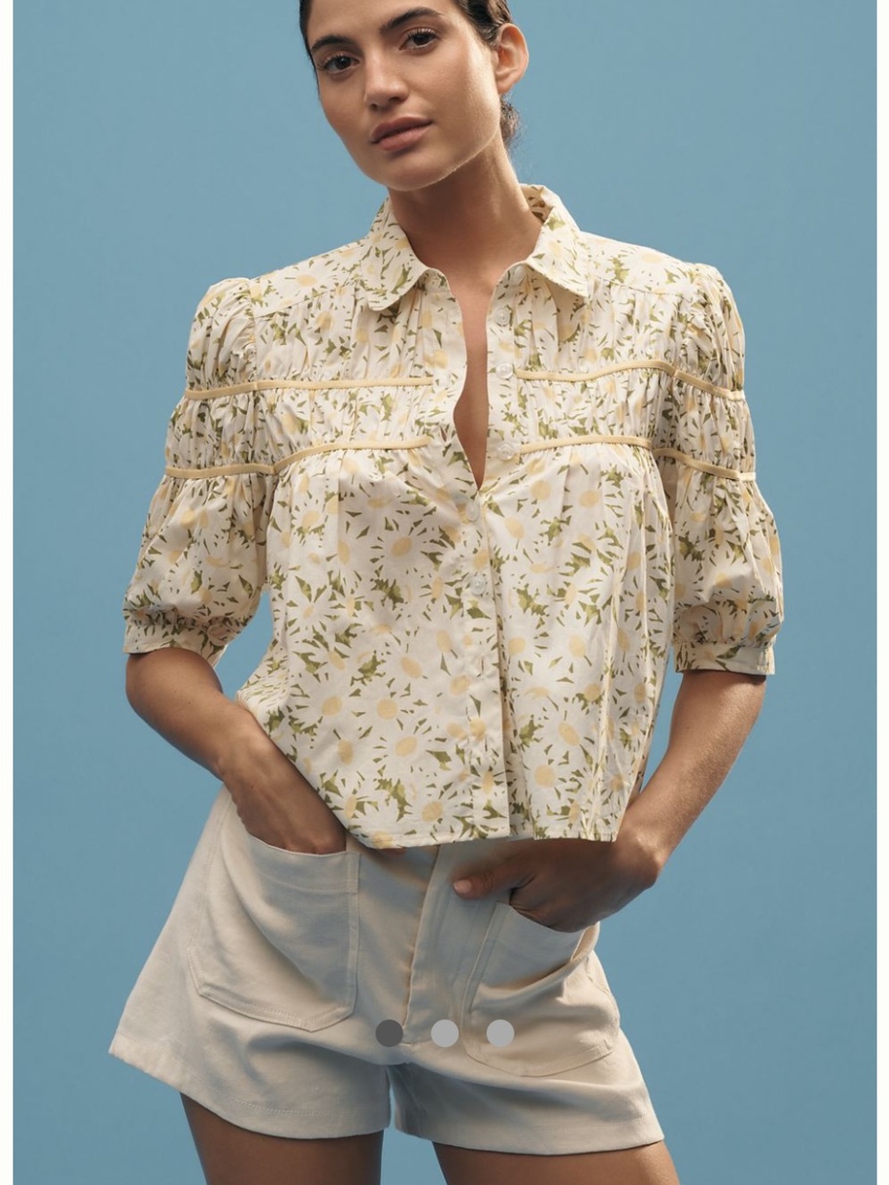 Maeve Cream Floral Puff-Sleeve Button-Front Blouse